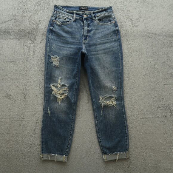 Judy Blue Jeans Junior's 1/25 Mid-Rise Relaxed Straight 25" Inseam Destroyed - Picture 1 of 16